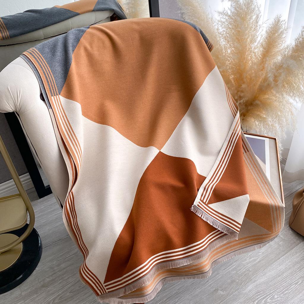 Winter Geometric Splicing Letters Versatile Simple Neck Protection Warm Scarves High Temperament Women Two-Sided Jacquard Shawl