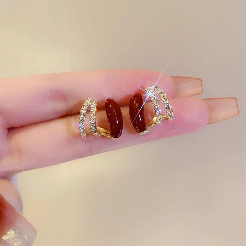 Wine Red C-shpaped Stud earrings for women curved crystal luxury wedding ear decoration female small earring