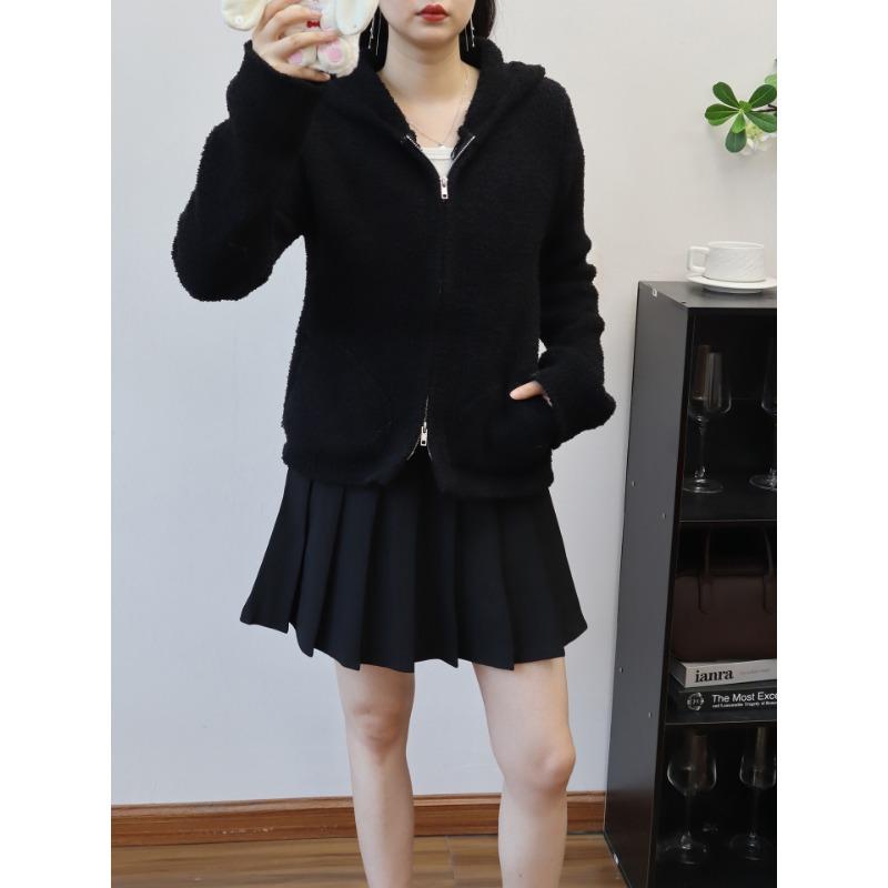 Autumn and winter new hooded double zipper knitted cardigan soft waxy short casual versatile temperament sweater jacket women