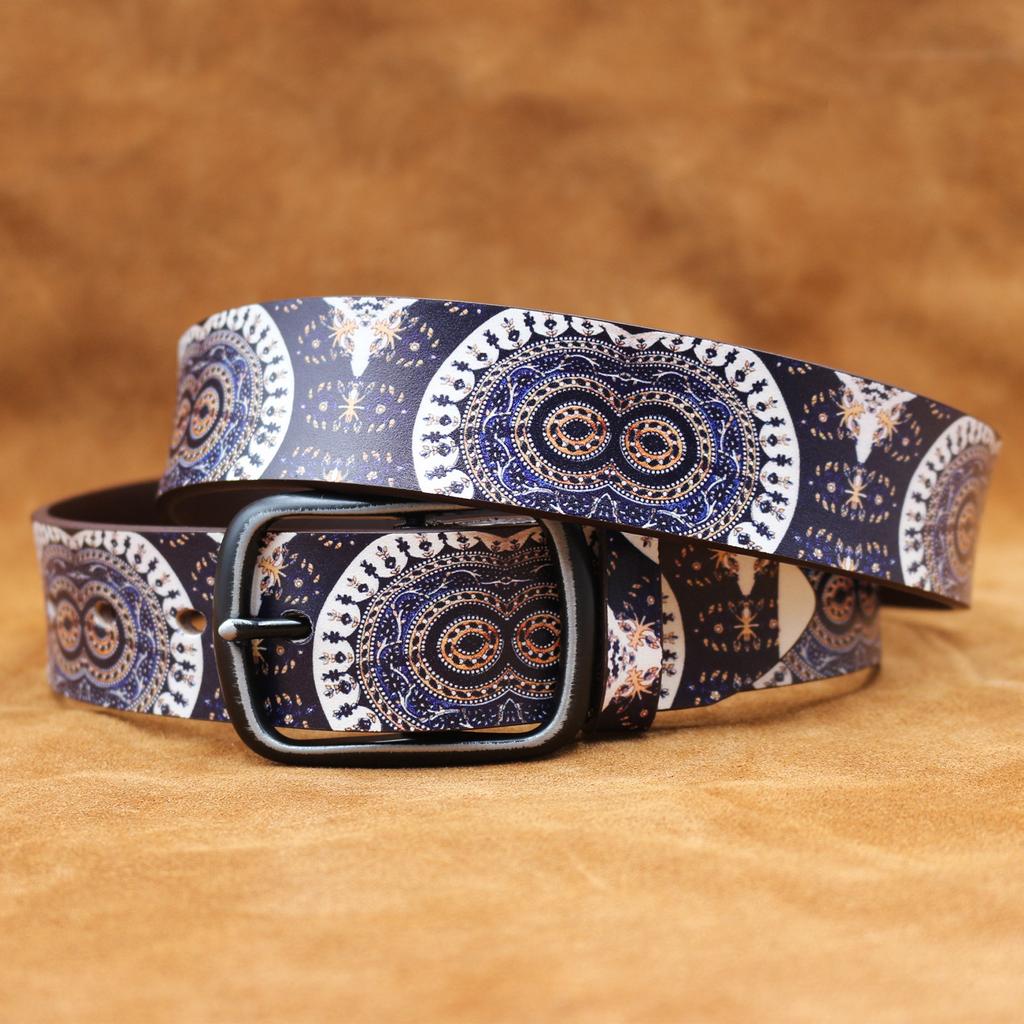 Real Cowhide Retro Owl Eyes Graffiti Printed Belt Personalized Retro Belt American Japanese and Korean Style