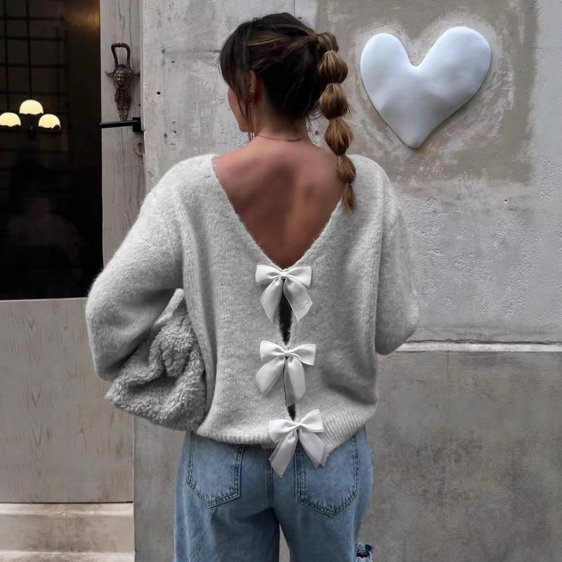 French Sweet Bow Decor Loose Long Sleeve Sweater Women S Fashion Knitwear
