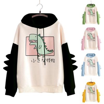 Women Hoodie Dinosaur Print Contrast Color Campus Loose-fitting Warm Sweatshirt for Daily Wear