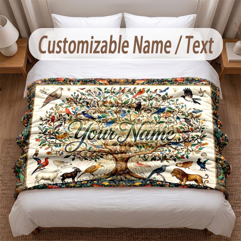 Tree of Life Theme Soft Blanket Personalized Custom Name Text Print Warm Blanket Home Sofa Bedroom Decor