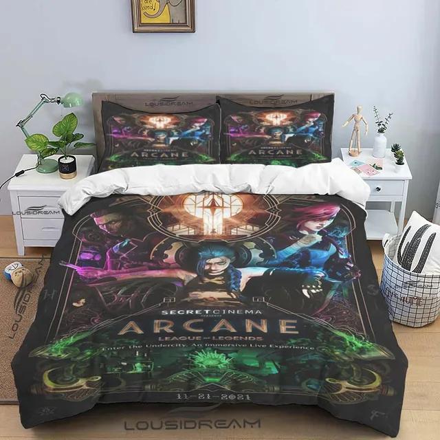 Kreslený Jinx Arcane: Ložní souprava League of Legends s postelí King, dvěma oddělenými postelemi, dětská 3dílná sada povlečení na peřinu z mikrovlákna nebo polyesteru