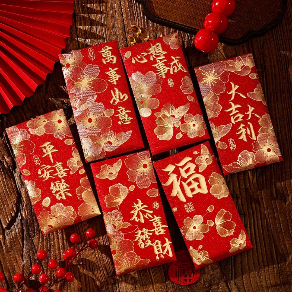 6pcs Flower New Year Red Envelopes Chinese Style Paper Red Pockets  Lunar Year Celebration