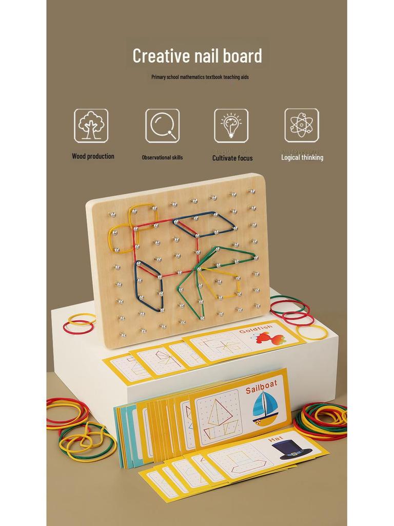 Montessori Nail Board Puzzle: Geometric Shapes & Colors Educational Toy for Early Childhood Cognitive Development.