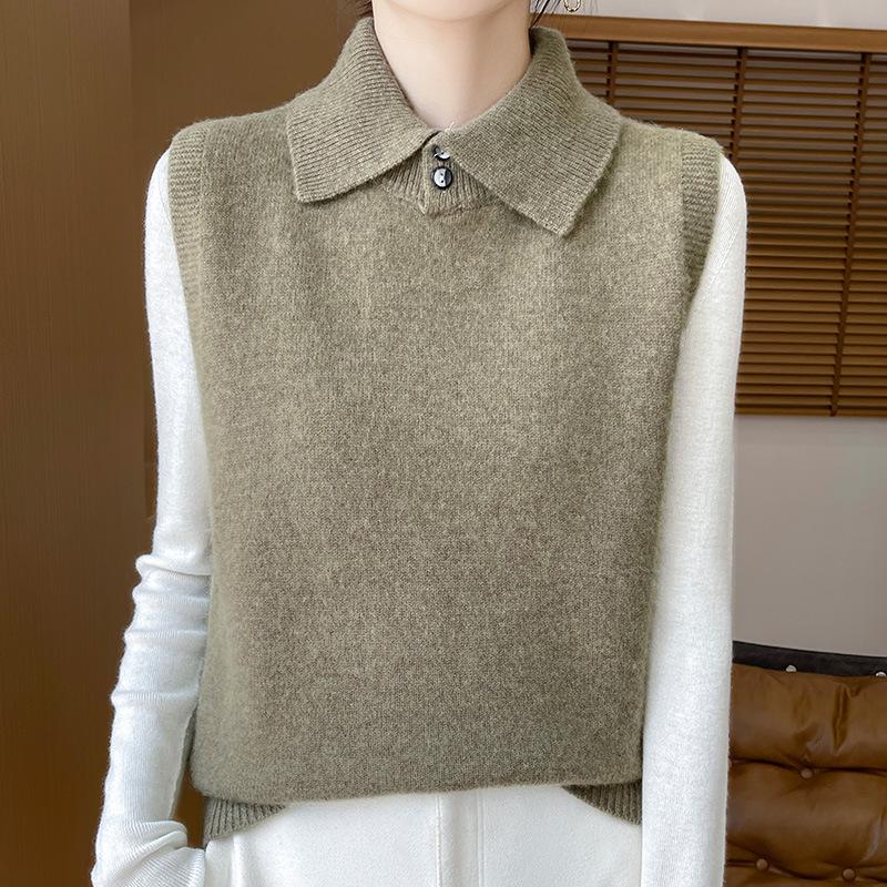 Cashmere Button-Up Sleeveless Sweater Vest with Polo Collar