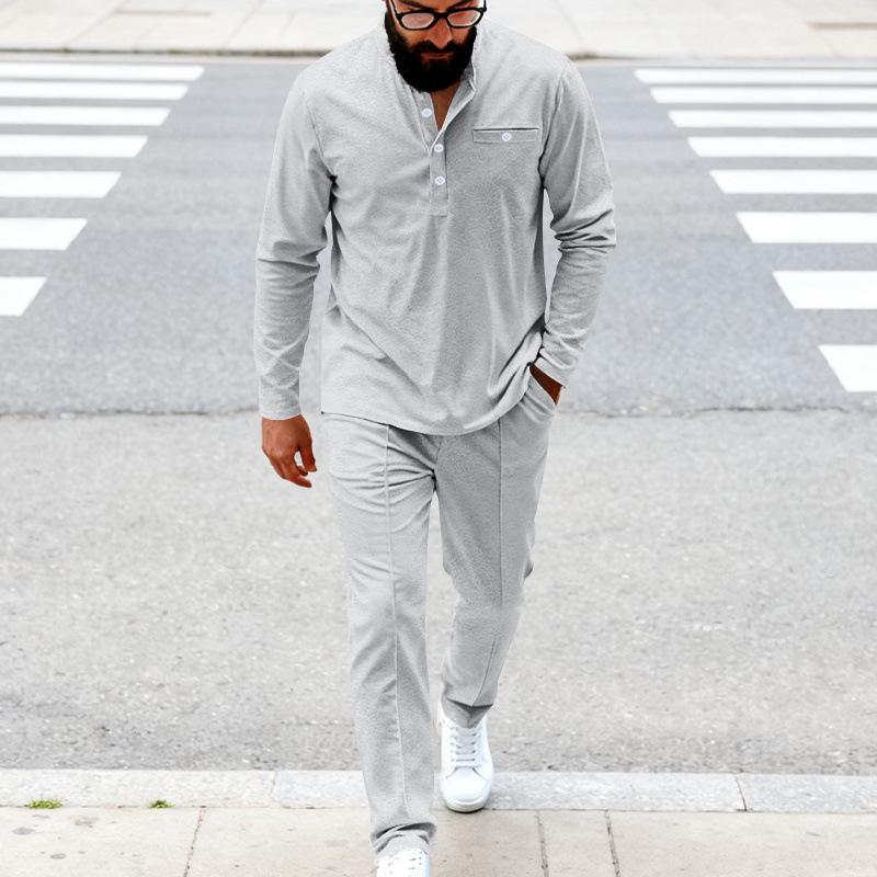 Spring and Autumn Men's Loose Retro Simple Commuting Casual Henley Shirt Long Sleeve Pants Suit
