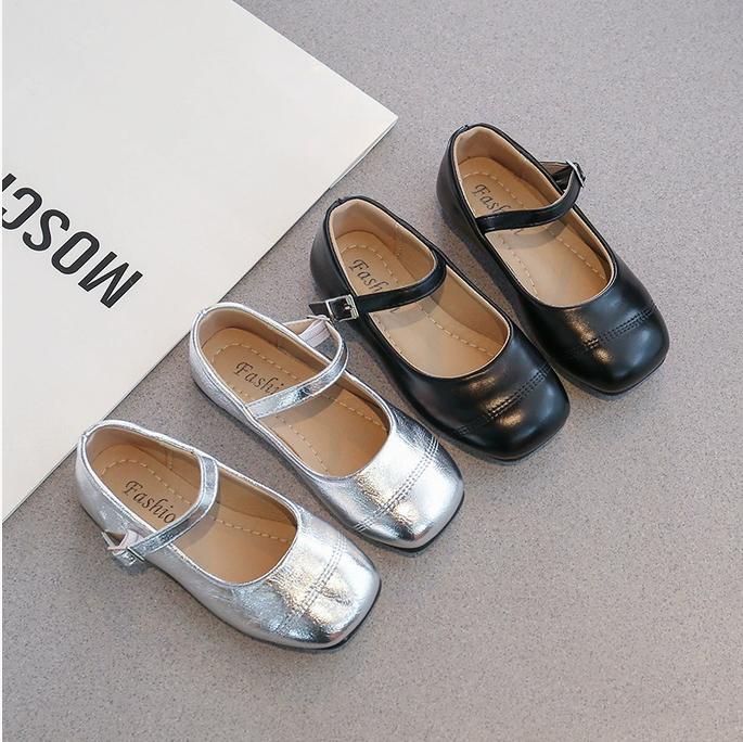 Girls Flat Shoes Soft Color Silver Black Narrow Kids Mary Janes Square End Comfortable Kids School Party Wedding Shoes 26-37 New