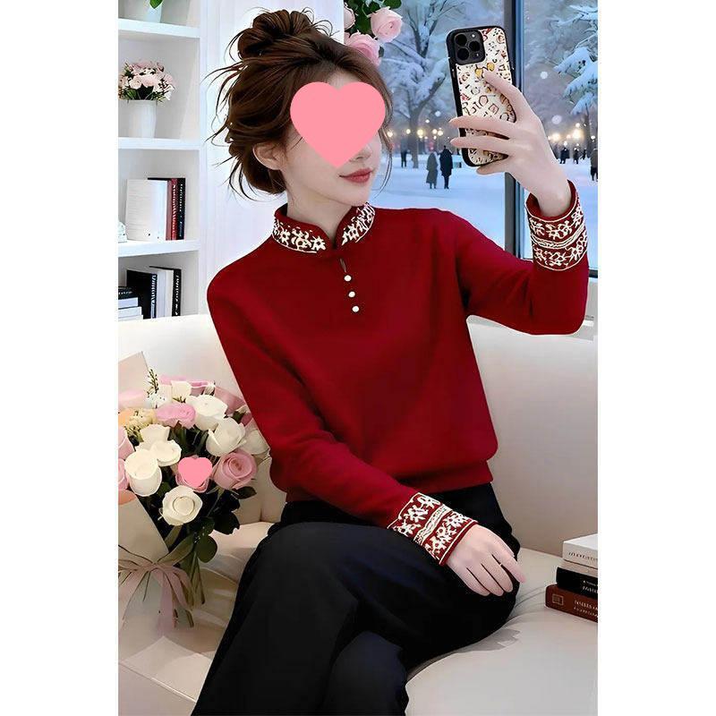 

Women s Autumn/Winter Red Knit Sweater - Modern Chinese Style, Half-High Collar, Plus Size 3XL (132-140 cm) красный