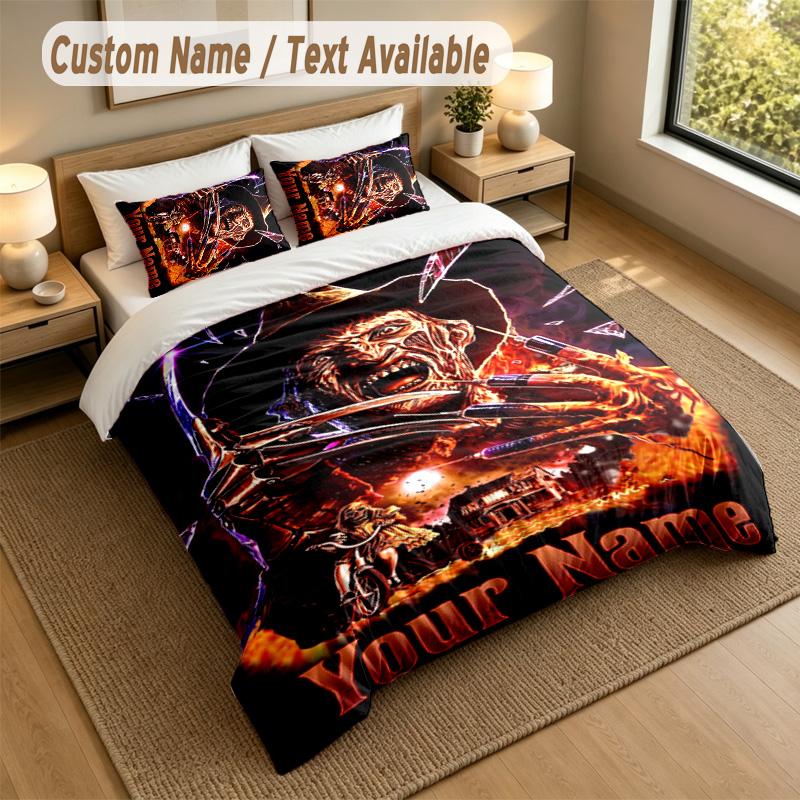 3Pcs Bedding Set Custom Name Text, 1 Sheet 2 Pillowcases Home Bed DecorA Nightmare On Elm Street Freddy Krueger
