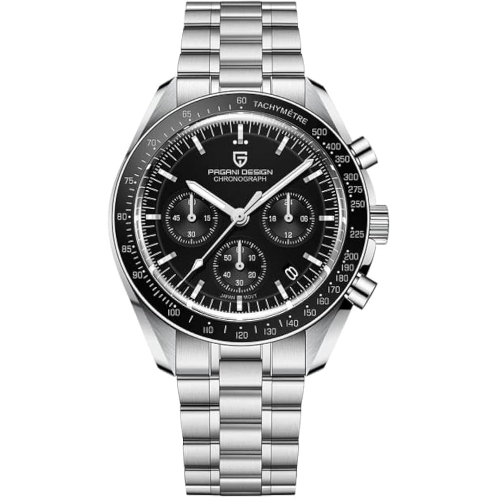 PAGANI DESIGN Men s Quartz Chronograph Watch Black/White Stainless Steel Case Waterproof Business Dress Watch