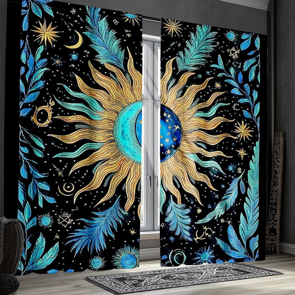 2pcs Astrology-Themed Blackout Curtains, Moon Phase & Feather Print, Polyester Drapes in Blue and Black, Bedroom Curtains|Moon P