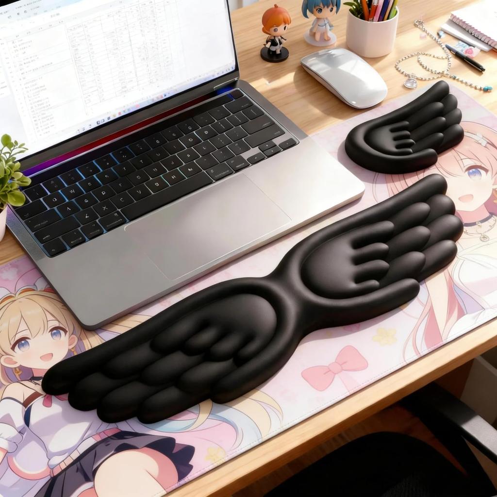 Angel Wing Wrist Rest Ergonomic Memory Foam Wrist Rest for Computer Keyboard Mouse Set, Cute Gaming Keyboard Cushion Hand Support PU Leather Surface