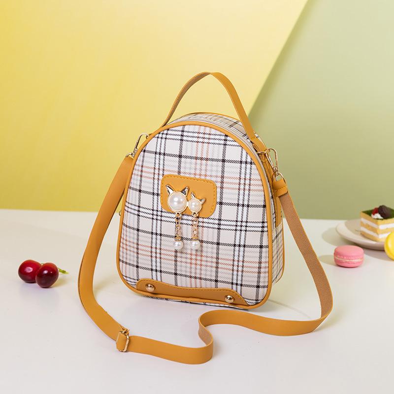 Ladies Scottish Plaid Small Backpack Autumn and Winter New Cat Pearl Mobile Phone Small Bag