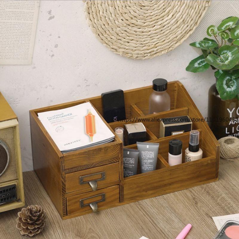 Solid Wood Large Desktop Wooden Cosmetics Storage Box Multi-Functional Desktop Creative Skin Care Product Organization Box