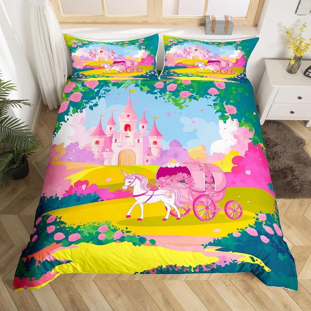 Einhorn Pferd Bettbezug Set Queen Size Träumerisches Regenbogen Bettwäsche 3 Teile Kinder Teenager Buntes Funkelndes Galaxie Set 2 Kissenbezüge