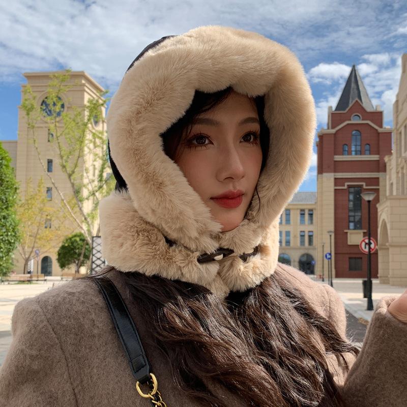 New Hat Hat Women's Cow Horn Button Deer Leather Velvet Lei Feng Hat Winter Cold Protection Warm Ear Protection Hat Thick