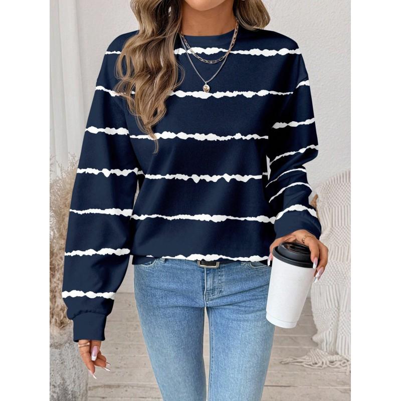 Womens Casual Striped Print Hoodie-Free Sweatshirt Loose Fit Round Neck Long Sleeve Top 2025