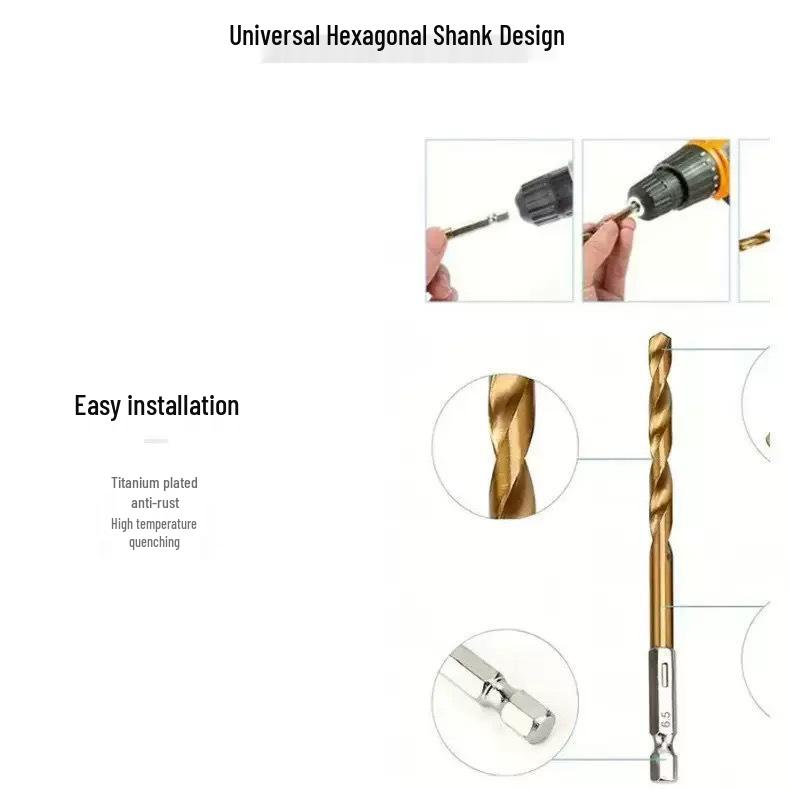 Hex Shank Titanium Twist Drill Bit, Fully Ground for Efficient Woodworking and Chip Evacuation