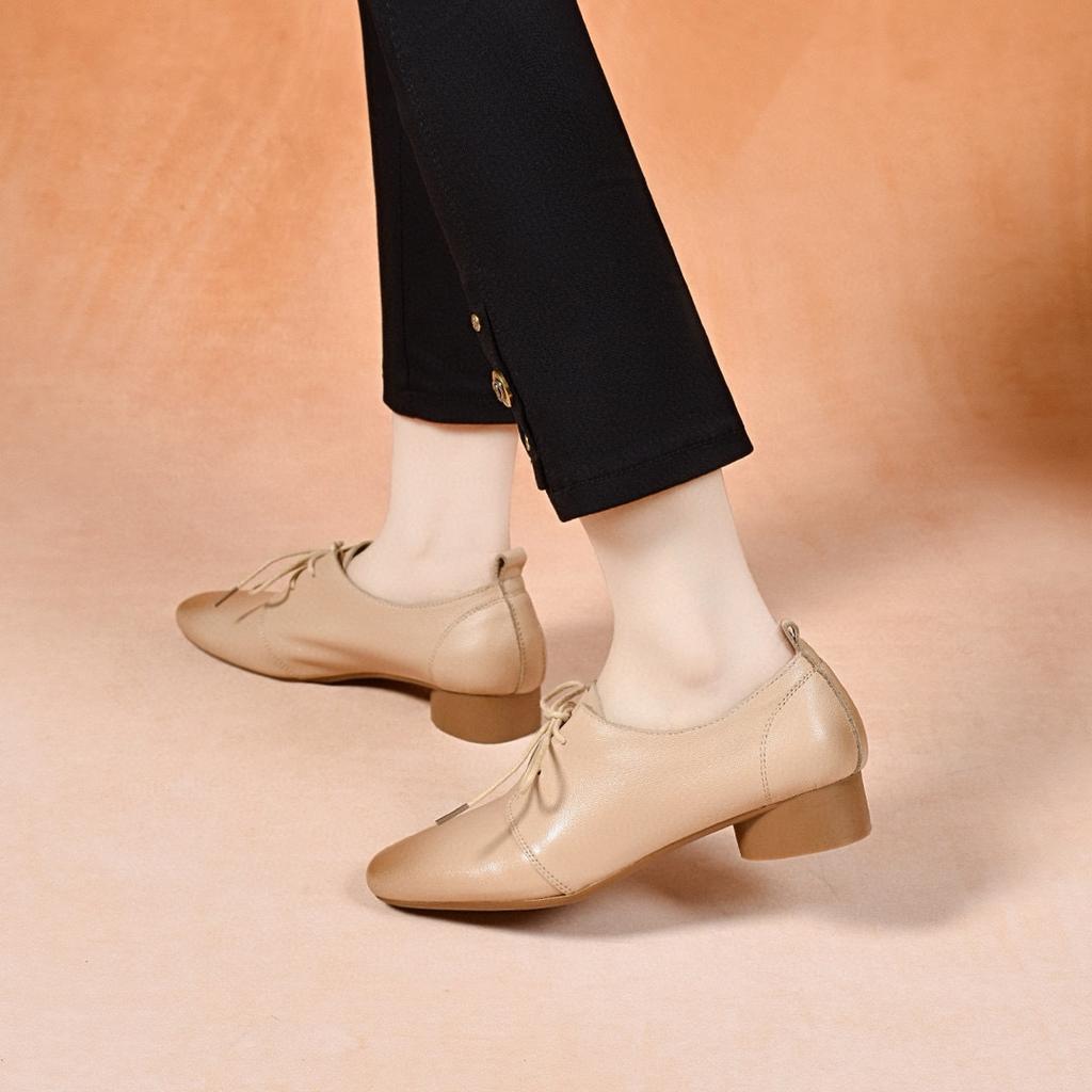 Square head women's spring new simple temperament lace-up small single shoes comfortable flat shoes women's small leather shoes