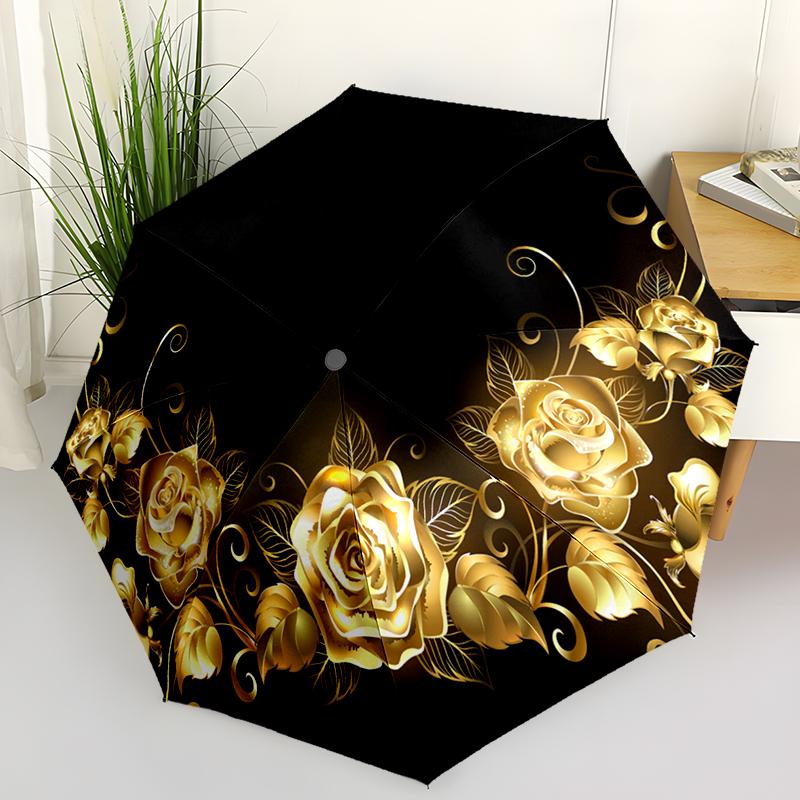 

1PC Note Gold Red Roses Folding Umbrella Auto-Open Design 8 Iron Ribs Plastic Handle Foldable Sunshade Perfect Christmas Gifts