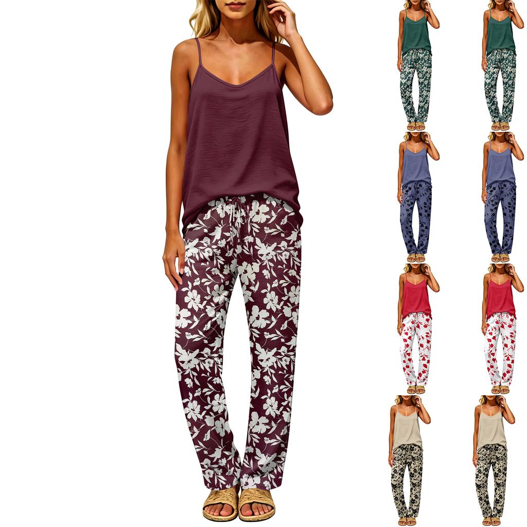 Women's Color Casual Two Piece Set, Backless Sleeveless Top and Elastic Waist Pants