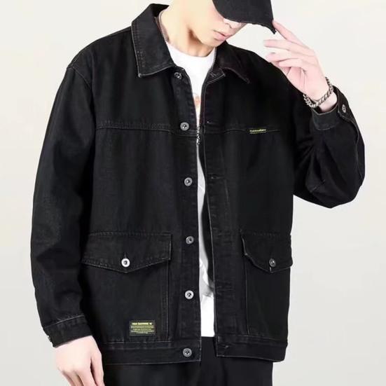 Pánská džínová bunda Klopa Bunda s dlouhým rukávem Kabát s velkými kapsami Jaro Podzim Zapínání na knoflík Cargo Outwear