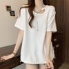 Women Asymmetrical Cut-out T-shirt with Chain Detail Crew Neck Short Sleeve Oversized Loose Fit Solid Color Tee