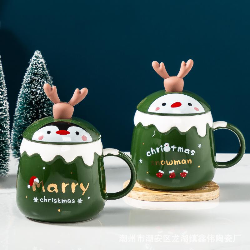 Creative Christmas Gift Ceramic Cup Cute Elk Mug Gift Water Cup with Lid Spoon Office Coffee Mug 400ml