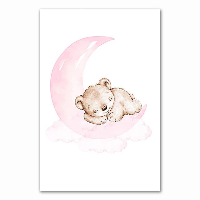 Pink Bear Moon Star Child Nursery Print Cartoon Animal Wall Art Canvas Painting Nordic Kid Baby Room Decoration Picture No Frame