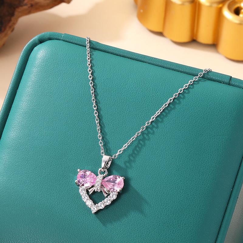 [Micro-Set Pink Zircon Titanium Steel Necklace Sweet Light Luxury Fashion Choker Jewelry]