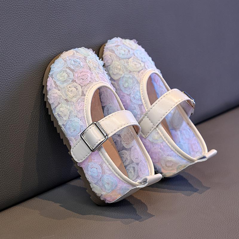 Toddler Girls Lace Floral Mary Jane Flats, Breathable Mesh Princess Shoes with Buckle Strap