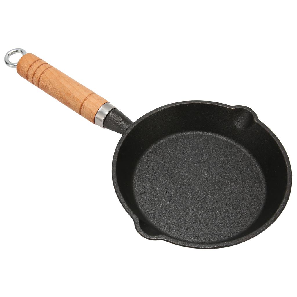 Frying Pan Cast Iron Skillet Drip Spouts Wooden Handle Stain Resistant Quick Heat Easy To Clean Cook Pan