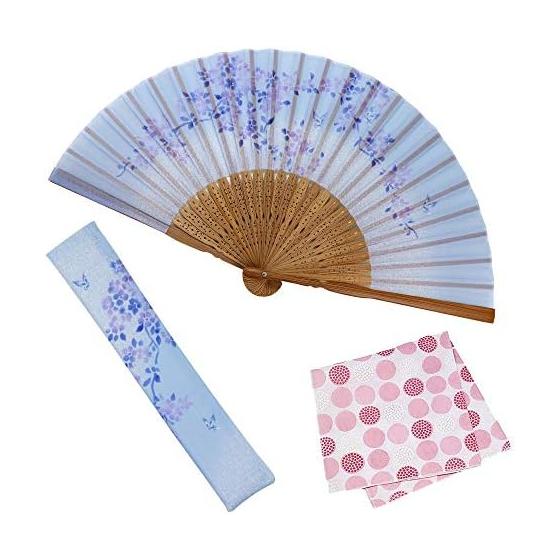 [Osaka Choseido] Fan, Women s, Stylish, Business, Fan Bag, Fan Holder, Set with Handkerchief, Spring Flower, Blue