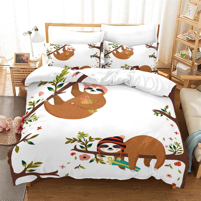 Niedlicher Cartoon Faultier Bettbezug Floraler Blätterdruck Bettwäscheset Für Kinder Teenager Schlafzimmerdeko Blumen Bettdeckenbezug Kissenbezüge