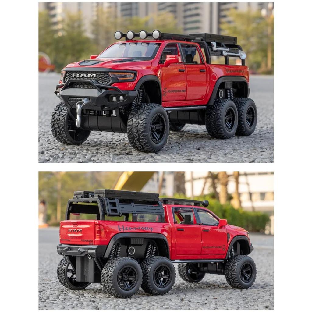 1/32 Dodge RAM 1500 TRX 6X6 Tyrannosaurus Rex Picku Alloy Car Model Sound and Light Children's Toy Collectibles Birthday Gift