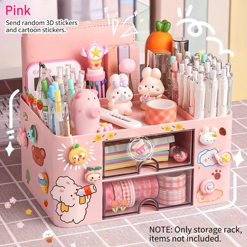 Large Capacity Desk Organizer with Cute Stickers Patches Desk Drawer Storage for Makeup Brush Office School Supplies Organizer