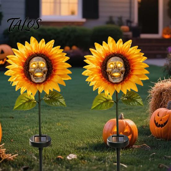 Solar Garden Lights Outdoor Waterproof Stake Light, Gothic Skull And Sunflower Statue Lamp, Durable Decorative for Flower Beds LED Landscape