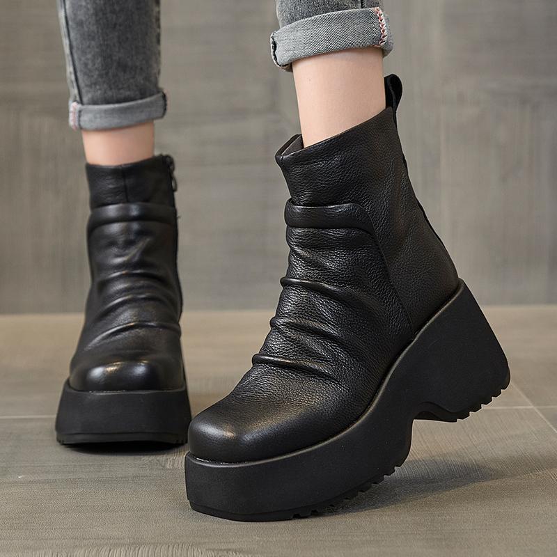 Mote GKTINOO Ekte Skinn Plattformstøvletter Vår Høst Håndlagde Tykksålede Korte Støvletter Høydeøkende Rund Tå Damesko