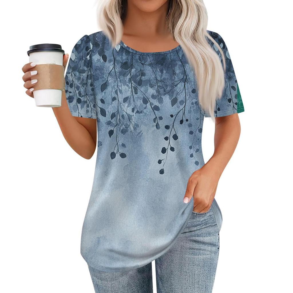 Women's Casual Short Sleeve Button Floral 3D Print Round Neck Top T-Shirt