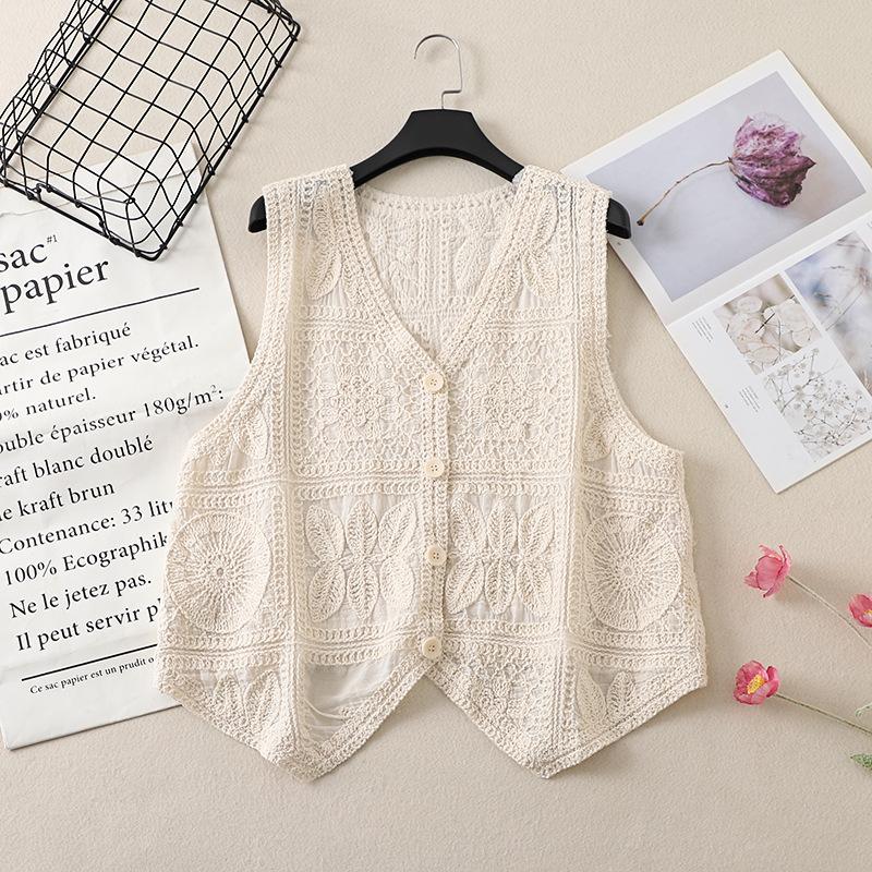 Real shot V-neck sleeveless hollowed-out knitted vest for women, spring new design crochet top trendy