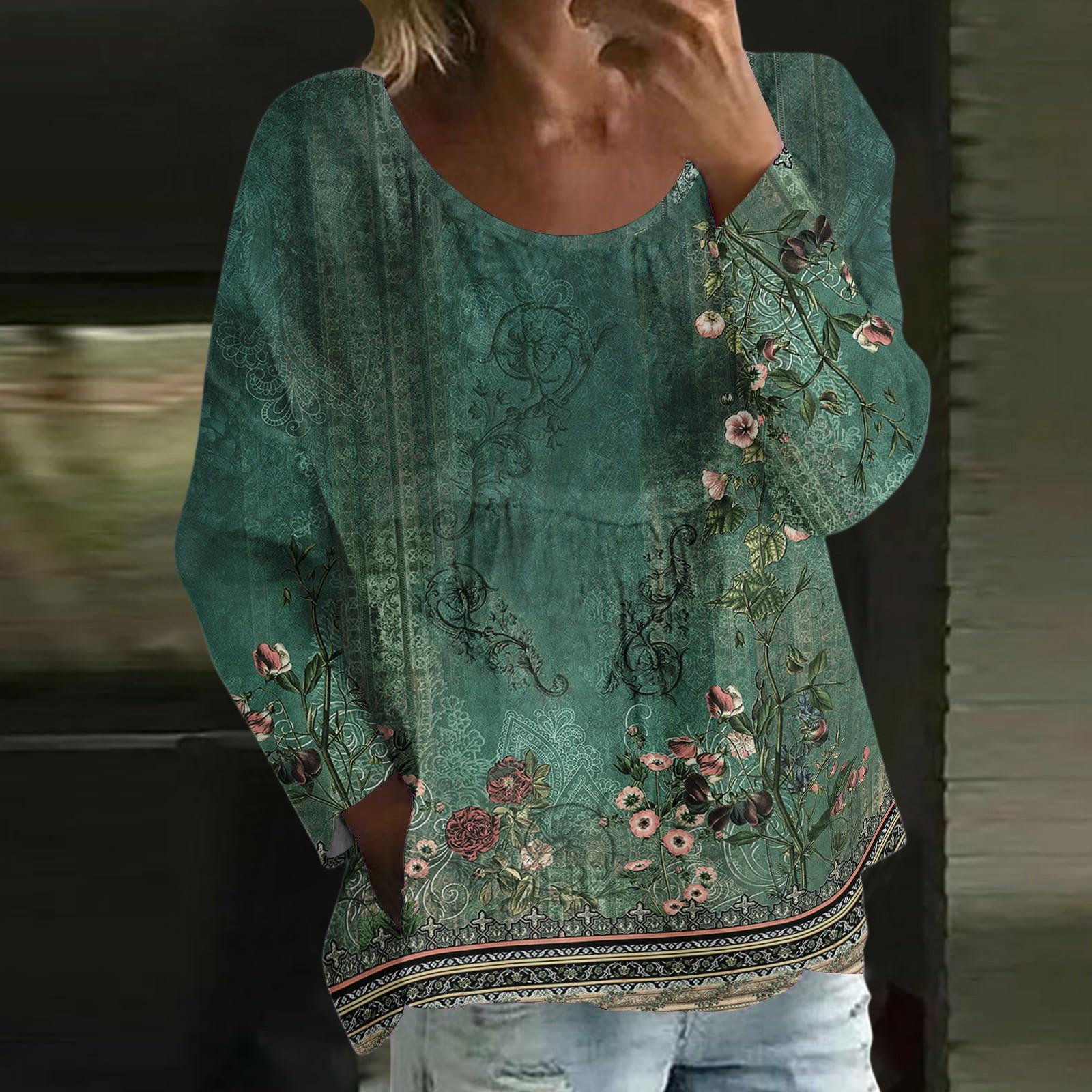 

Women s Casual Fashion Loose Round Neck Retro Print Long Sleeve Top L армія зелений колір