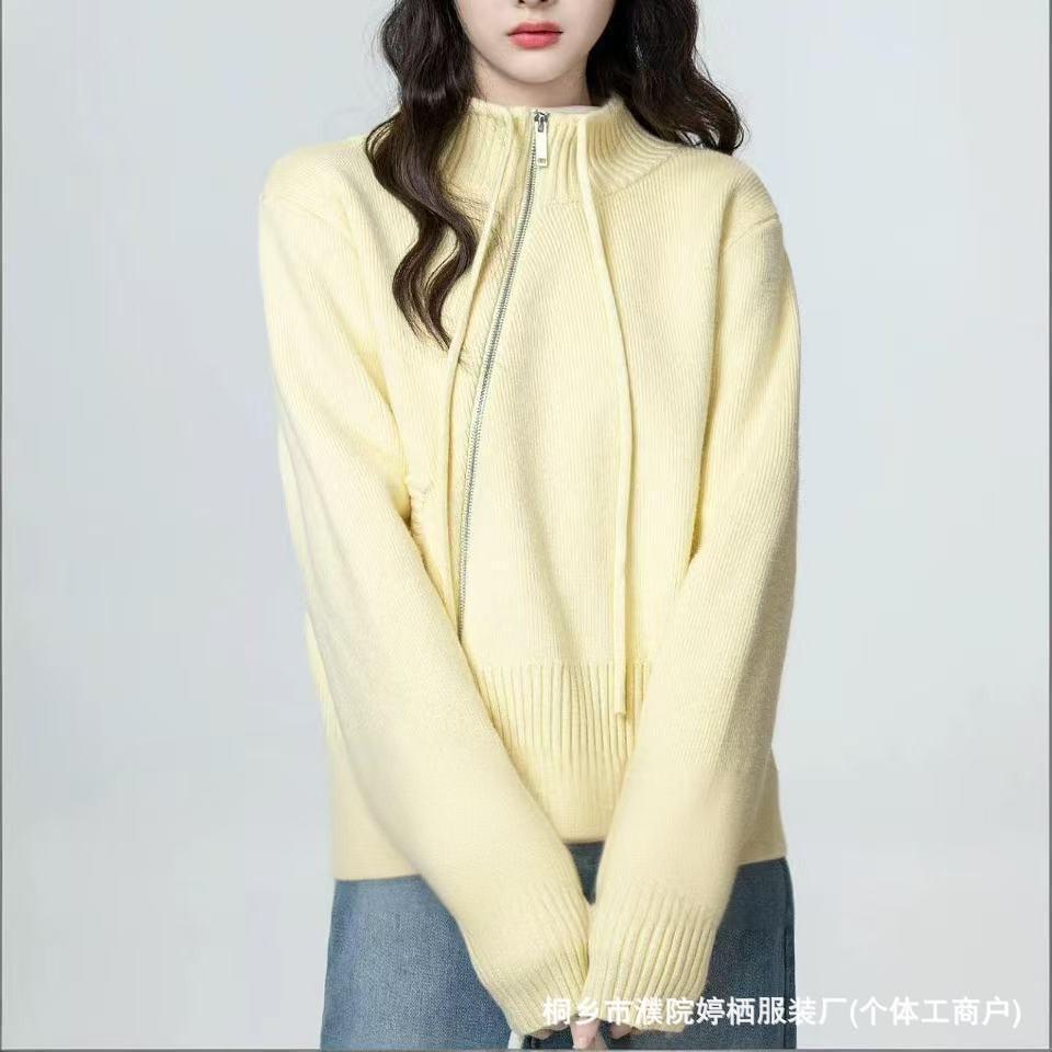 Korean Lazy Style Design Sense Knitted Cardigan Zipper Sweater Jacket Women's New Autumn and Winter Short Long Sleeves