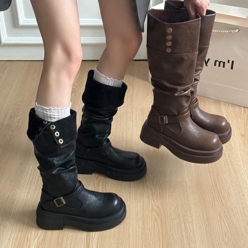 Vintage British style thick heel platform boots women's 2025 new autumn and winter thin boots knight boots