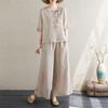 Summer New Arrivals: Artistic Retro Short-Sleeved Top & Pants Two-Piece Set for Mothers, Cotton Linen Blend