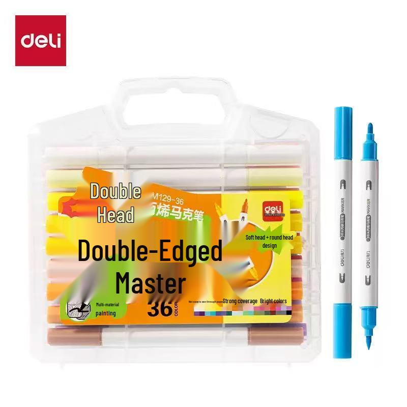 Deli HM129 Dual-Tip Acrylic Marker Pens for Kids & Students: Stackable, Opaque Colors, Ideal for Watercolor Art.