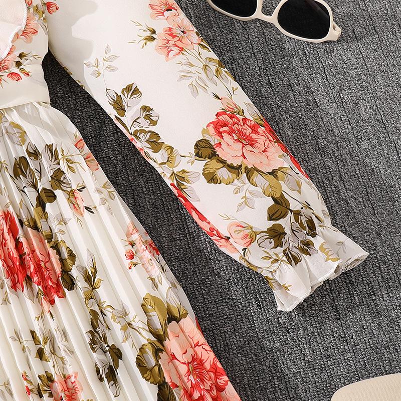 Girl Long Dress Autumn Sweet Floral Long Sleeve Waist-Cinching Slimming Long Dresses For Children