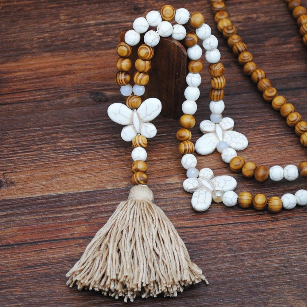 Ethnic Vintage Wooden Beaded Sweater Chain Necklace Natural Stone Charms Handmade Tassel Women Beach Dresses Accessory Gifts
