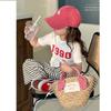 Girls' Summer Elegant Irregular Short Sleeved T-shirt with Striped Wide Leg Pants Korean Style Complete Set of Girls' Summer Set
